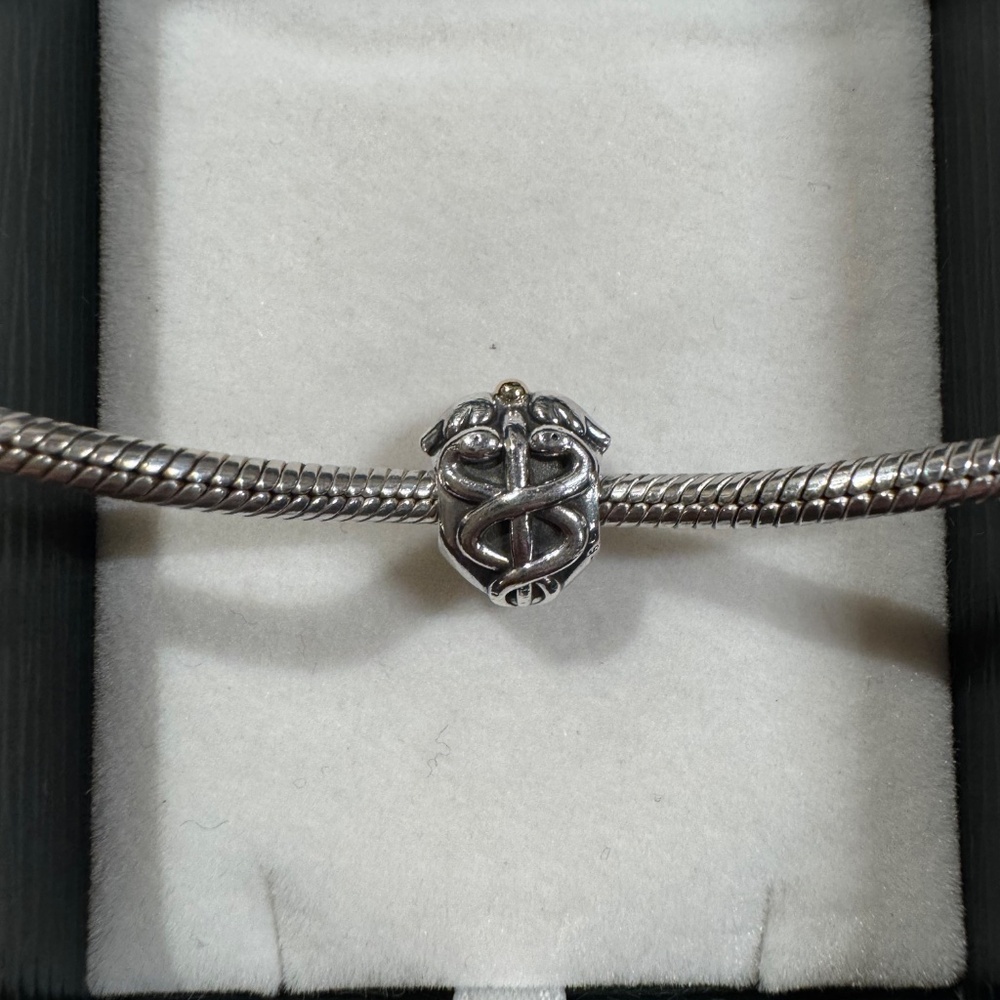 Retired Pandora Medical Caduceus Charm Silver with Gold Plating - Picture 4 of 7